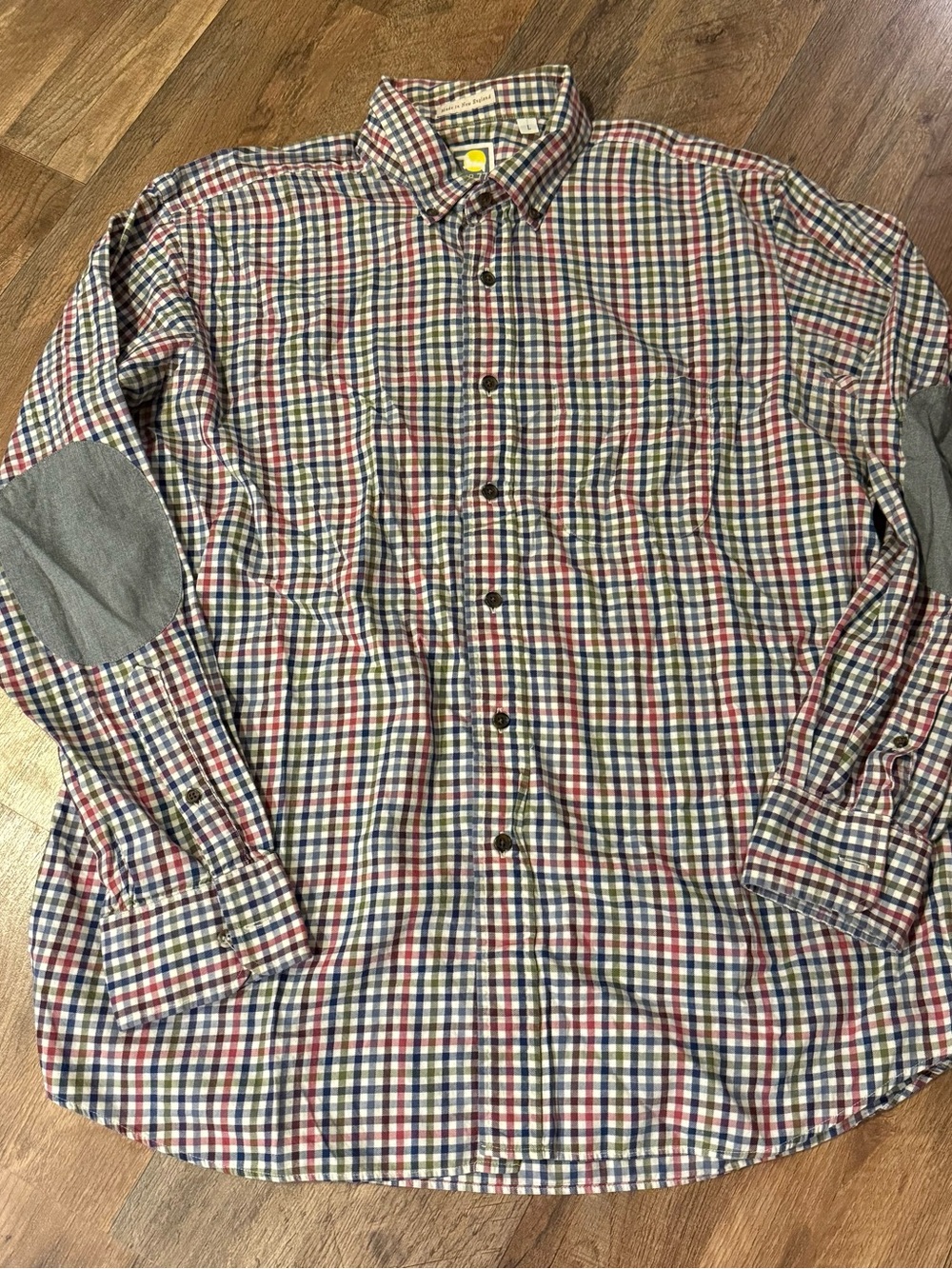 L.L. Bean Red, Blue and White Plaid Button-Down Shirt with Gray Elbow Patches